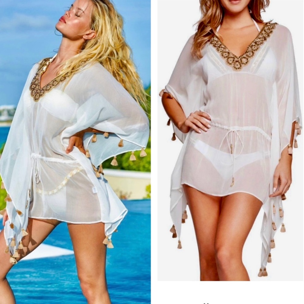 SAUVAGE Silk White Jeweled Caftan